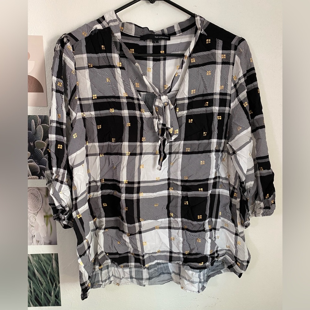 ✨Harve Benard Black and White Plaid Blouse with Gold Accents✨
